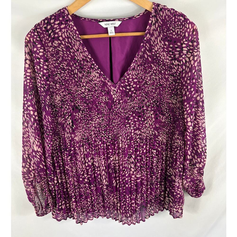 Nine West Purple Pleated Long Sleeve Blouse Size Small